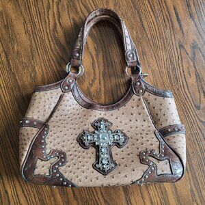 Justin West? Conceal Carry Studded Purse, faux Ostrich leather, rhinestone cross